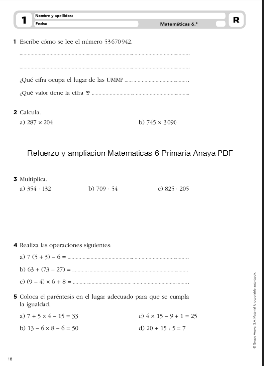 refuerzo y ampliacion matematicas 6 primaria anaya pdf Ejercicios para imprimir